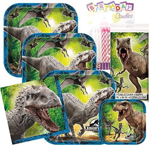 Jurassic World Theme Plates and Napkins Serves 8 With Table Cover And Birthday Candles