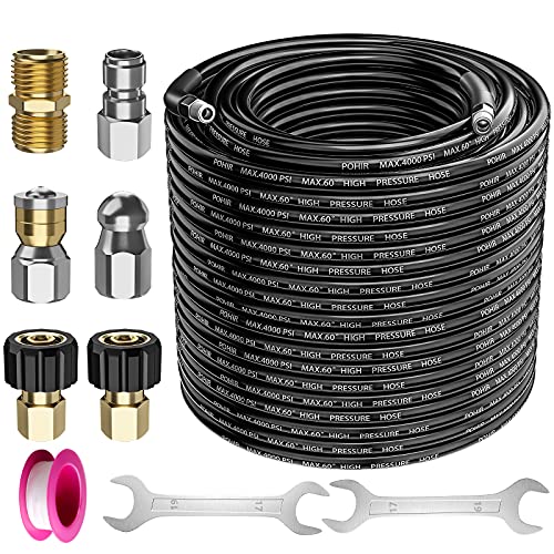 POHIR Sewer Jetter Kit for Pressure Washer 100 ft, Hydro Drain Jetter Cleaner Hose with 1/4