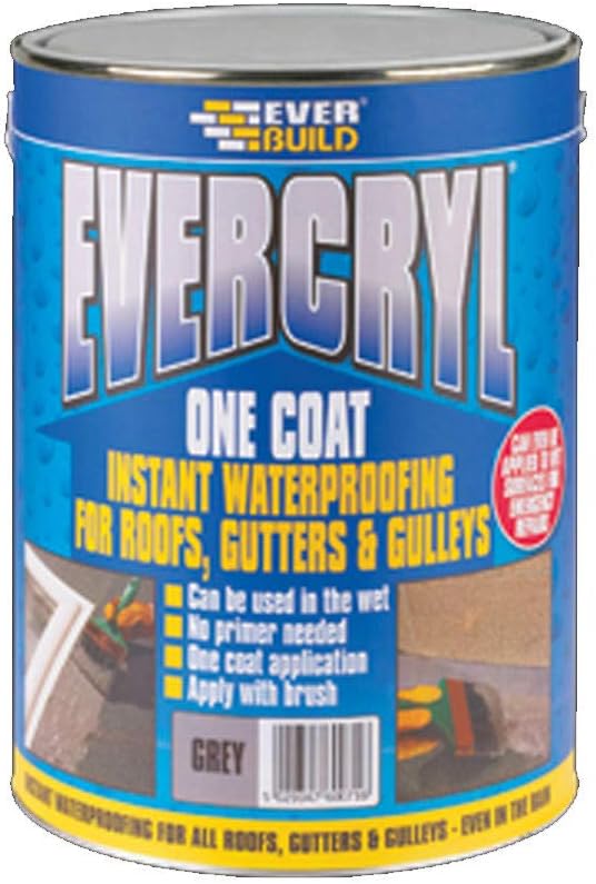 Everbuild Grey Evercryl Roof Repair One Coat Waterproofing Roof Sealant & Free Brush & Gloves 5 Kg