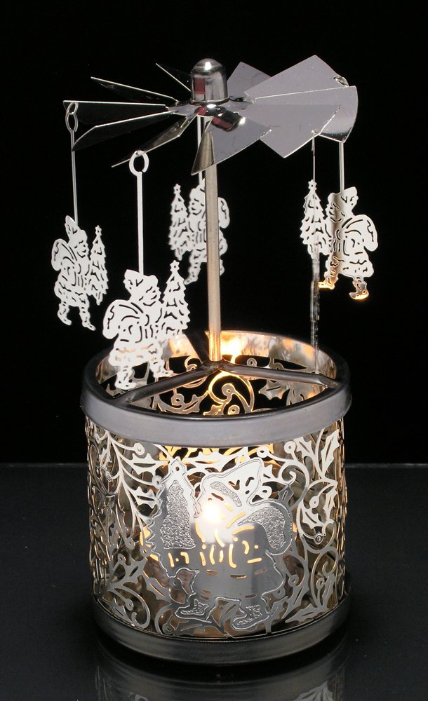 BANBERRY DESIGNS Frosted Silver Spinning Candle Holder Santa Charms