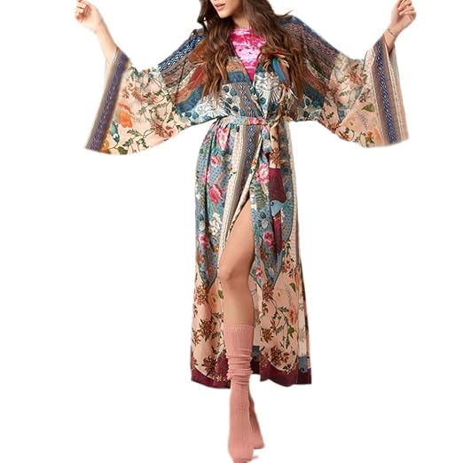 SIEBENEINSY Damen Boho Strand Badeanzug Bedecken Pareos Kimono Cardigan Morgenmantel Lange Bluse Bikini Umhang Vintage Bademo