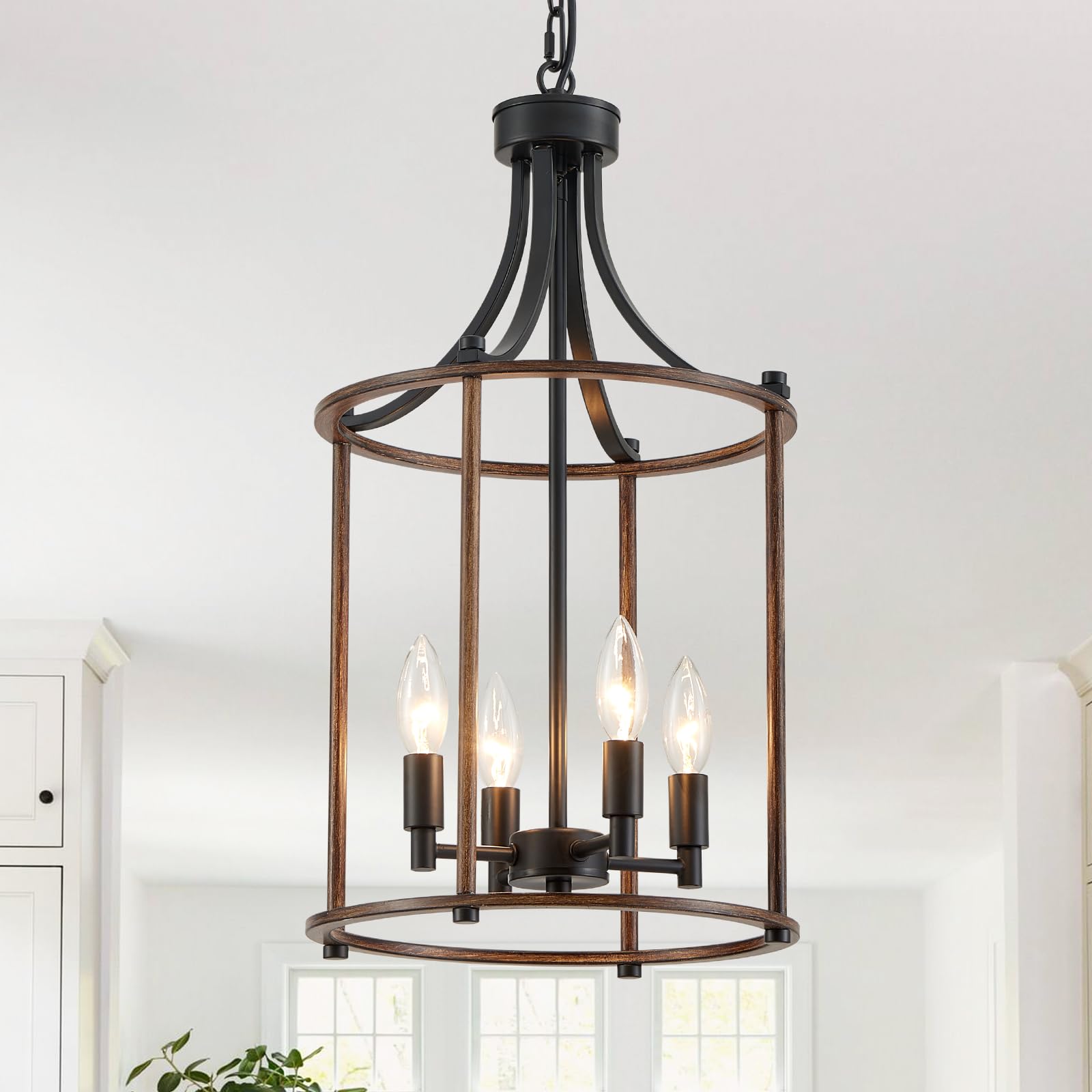 Photo 1 of XINGQI Farmhouse Chandeliers for Dining Room,4 Light Hanging Lantern Black Wood Finish Pendant Lighting Fixture for Staircase Foyer Kitchen Island Dinning Room Living Room