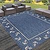 Lr Home Nautical Anchor Border Indoor Outdoor Rug, Blue/White, 5'3"" x 7'"