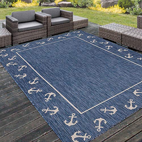 Lr Home Nautical Anchor Border Indoor Outdoor Rug, Blue/White, 5'3"" x 7'"
