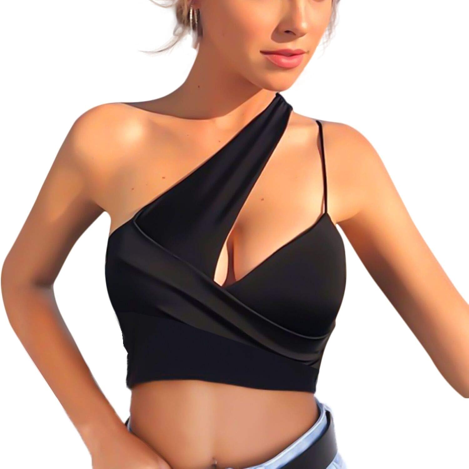 one shoulder black crop