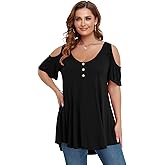 LARACE Cold Shoulder Tops for Women Plus Size V Neck T Shirts Short Sleeve Summer Clothes Button Up Tunic