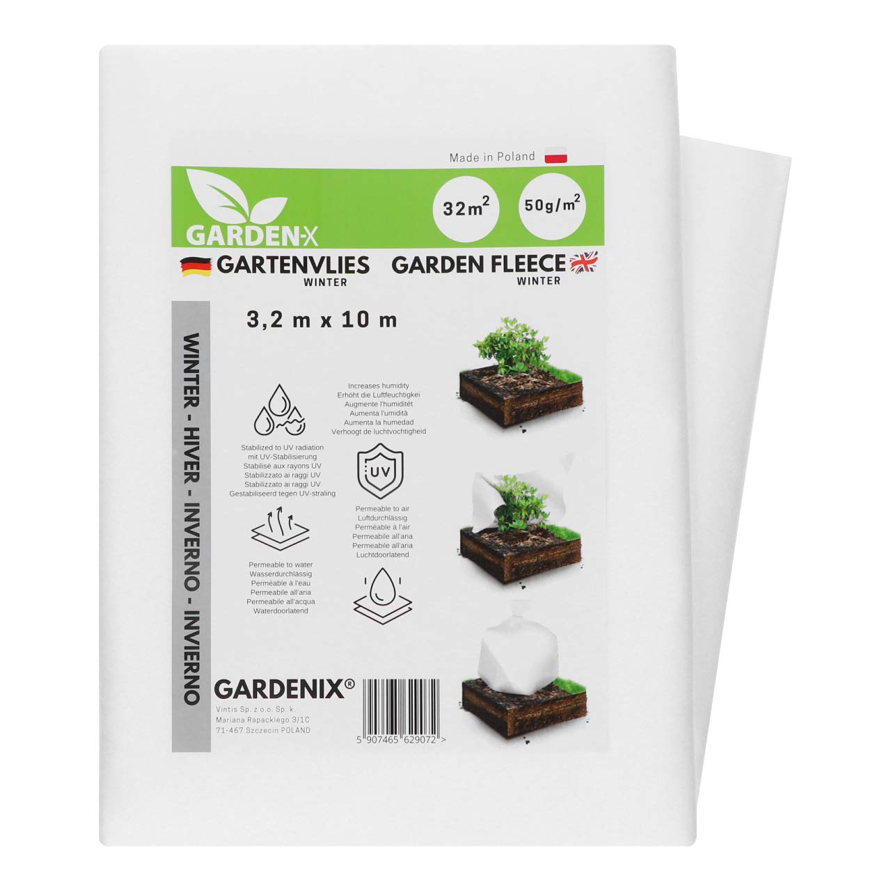 GARDENIX® 32 m² Winter Fleece for Plants - Frost Plant Protection - UV stabilised 50g/sm - Tear-Resistant and Water Permeable (3,2m x 10m)