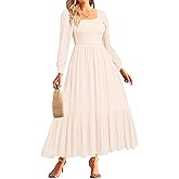 Holipick Women's Boho Square Neck Smocked Long Puff Sleeve A Line Flowy Casual Maxi Dress