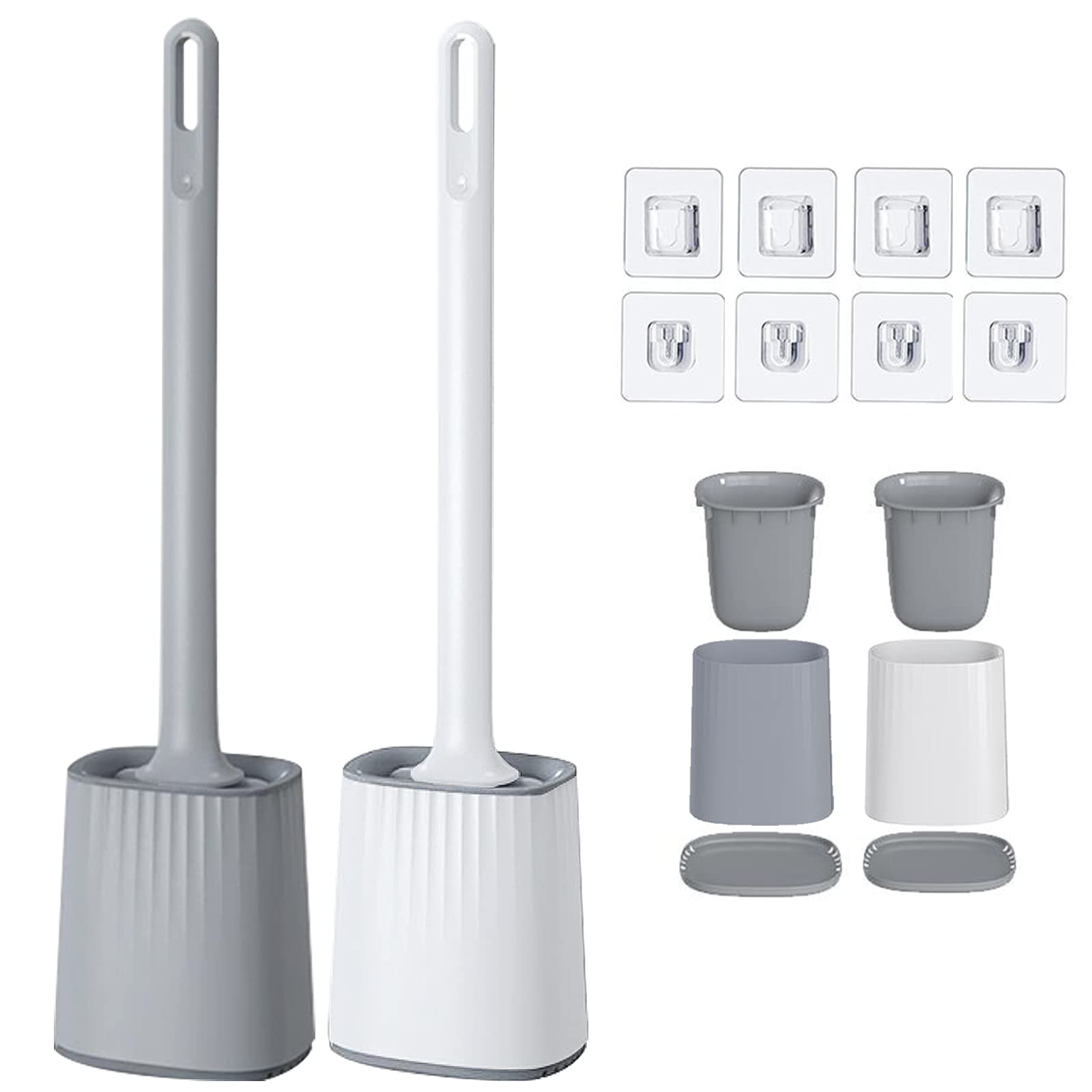 2 Pack Toilet Brush with Holder, Silicone Toilet Brushes Wall-Mounted Multifunction Toilet Cleaner Brush with No-Slip Long Plastic Handle and Flexible Bristles for Bathroom Toilet (White&Grey)