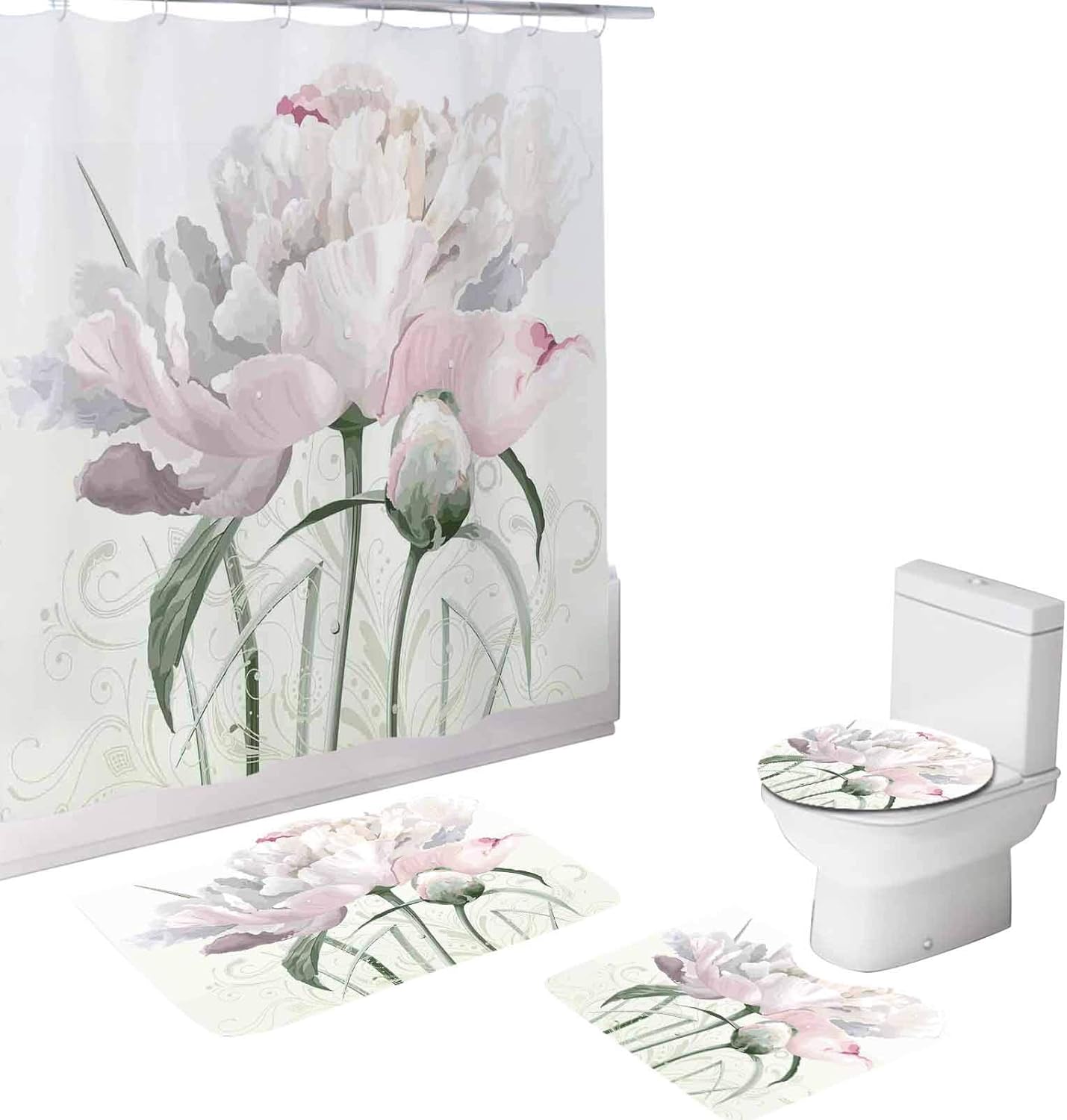 Juego de 4 piezas de baño, diseño de tulipanes rosas florales, hojas