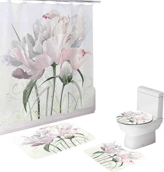 Juego de 4 piezas de baño, diseño de tulipanes rosas florales, hojas