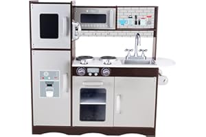 WoodenEdu Kitchen Playset for Kids Ages 3-8, Wooden Pretend Play Kitchen with Realistic Sounds, Including Telephone, Ice Maker, Refrigerator, Dimensions: 35” H x 31” W x 12” D (Black)