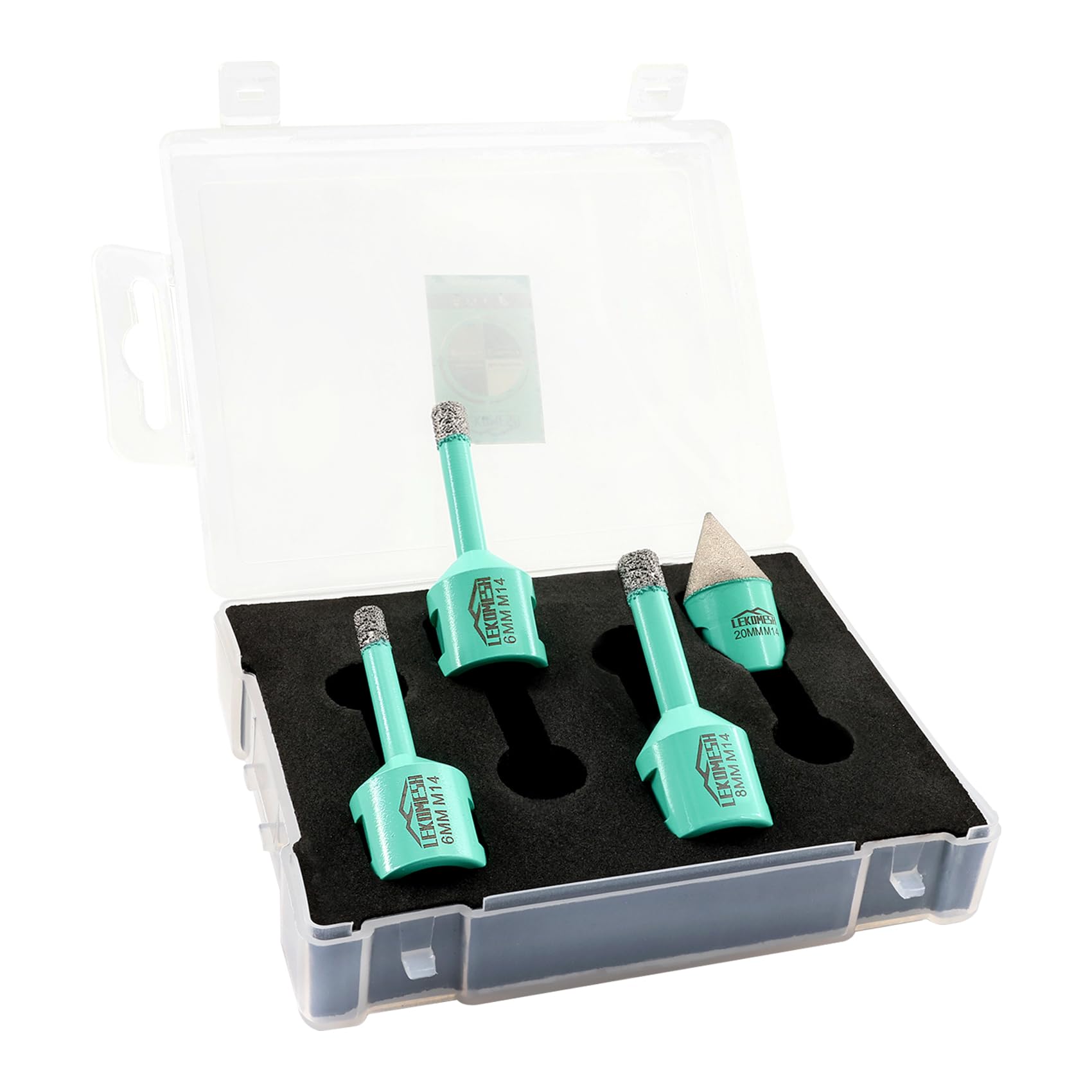 Diamond Core Drill Bits Kit - 4pcs (6/6/8mm+20mm Beveling Chamfer Bit) LEKOMESH Tile Hole Saw Kit with Plastic Box for Porcelain Tile Ceramic Granite Marble Masonry Stone,M14 Thread