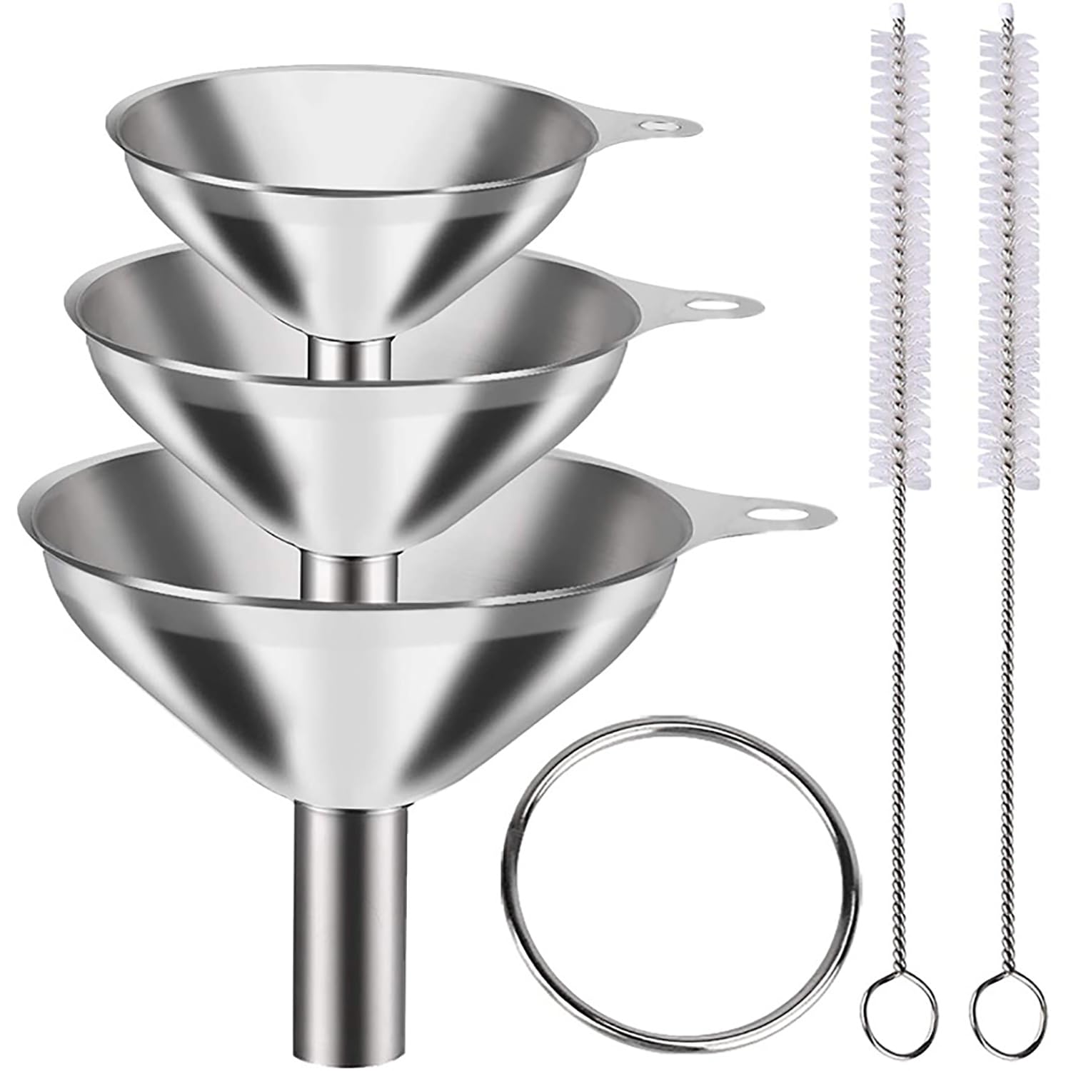 Photo 1 of *2 Pack* Generic Kitchen Funnels Set for Bottles, 3pc Small/Medium/Large Food Grade Stainless Steel Metal Funnels with 2 Cleaning Brushes for Liquids, Essential Oils, and Spices