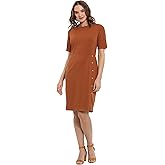 London Times Womens Short Sleeve Knee Length Crew Neck Button Side Career Polished Sheath Dress