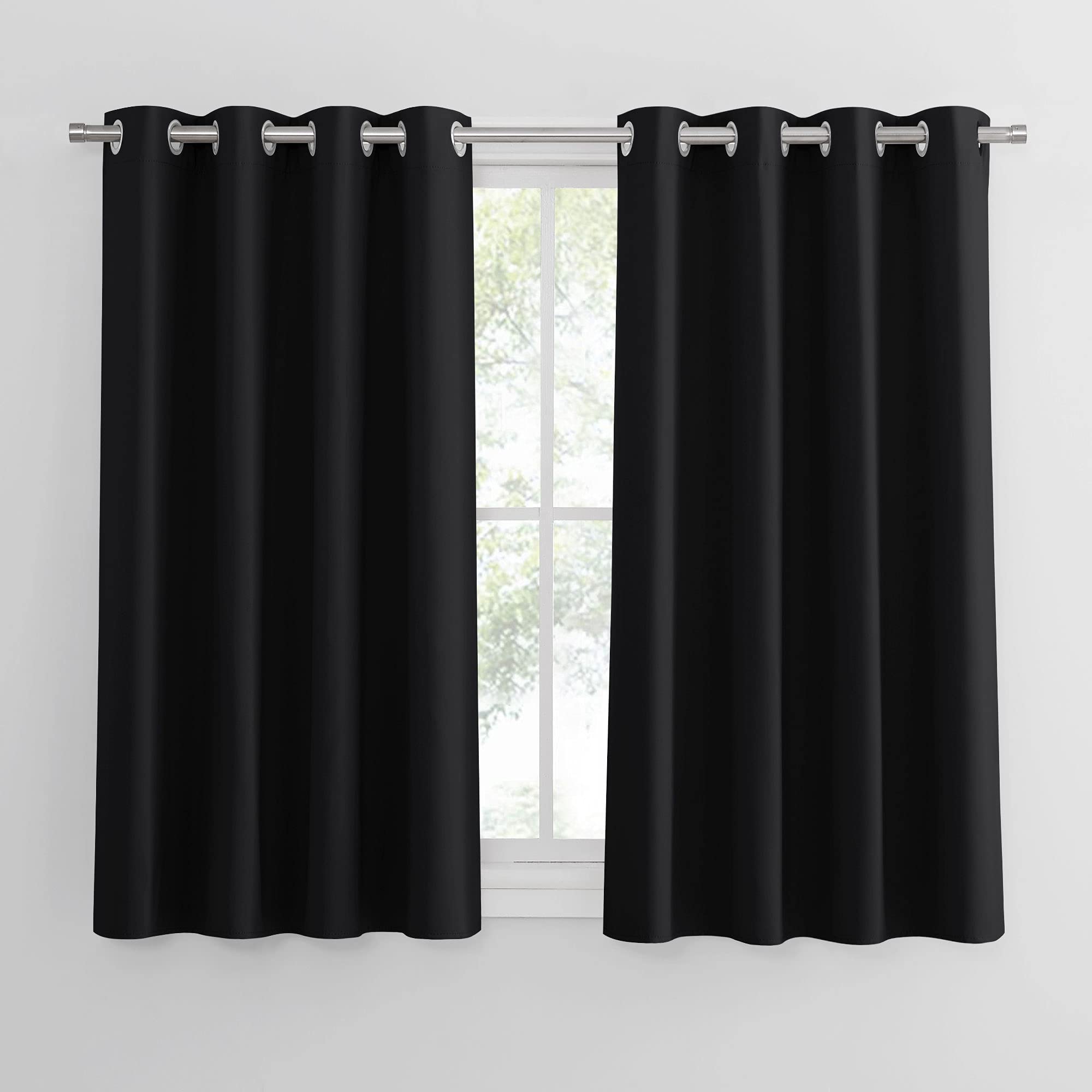 PONY DANCE Small Blackout Thermal Curtain with Eyelet Energy Saving Room Darkening Window Treatments Halloween Decoration for Kitchen/Bathroom/Bedroom, 2 Pcs, Wide 52-Inch by Drop 45-Inch, Black