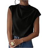 MakeMeChic Women's Draped Neck Tops Cap Sleeve Mock Neck Keyhole Work Shirt Summer Blouse