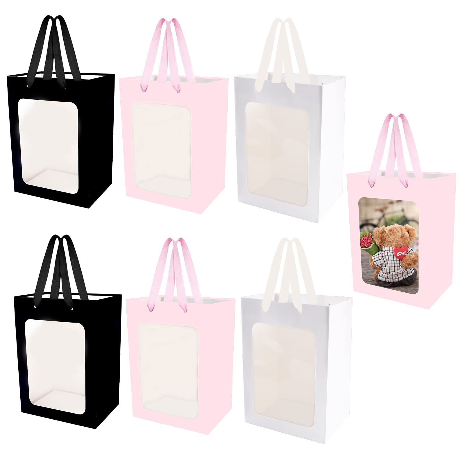 NAESM 6 Pcs Transparent Window Gift Bags, Gift Wrap Bags with Handles Tote Paper Bags Bulk Flower Boxes, Florist Bag Handbag Wedding Party Gift Wrap Bag（Three Colors）