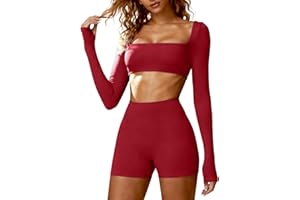Women 2 Piece Stretch Yoga Workout Sets, Long Sleeve Square Neck Crop Shirts and High Waist Tummy Control Shorts