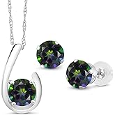 Gem Stone King 10K White Gold Green Mystic Topaz Pendant Earrings Jewelry Set For Women | 3.00 Cttw | Gemstone November Birthstone | Round 6MM | with 18 Inch Chain