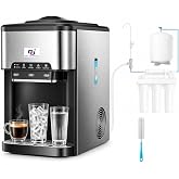 NUNET 3-in-1 Water Dispenser Ice Maker Countertop Hot Cold Cooler 44lbs | Bullet cube output with 4lb storage capacity, dual manual line hose hookup, quiet 45dB whisper operation, stainless finish