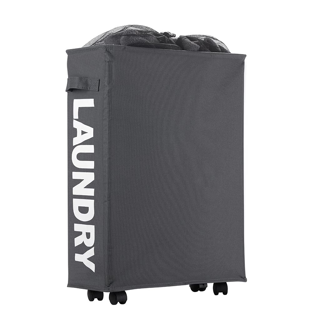 IHOMAGIC Foldable Laundry Basket On Wheels, Slim-line Laundry Bins with handles, Laundry Hamper for Clothes Storage, L39 xW18.5 xH58cm, Slim, Dark Grey