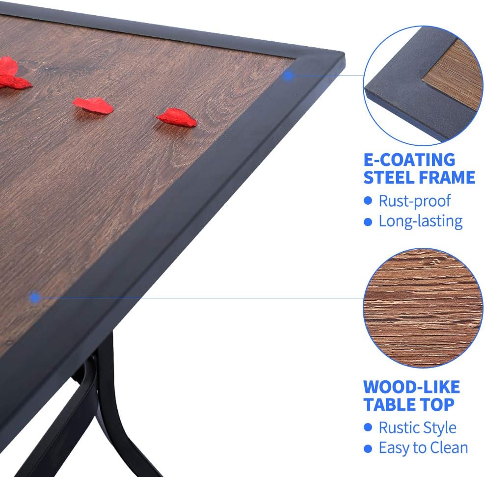 EMERIT Outdoor Patio Dining Table Square Metal Table with Umbrella Hole and Wood-Like Tabletop: Kitchen & Dining