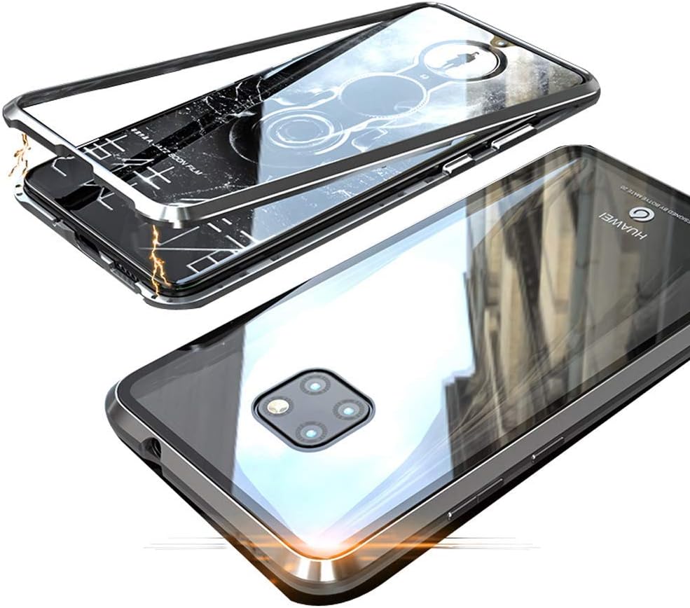 Oihxsetx Compatible for Huawei Mate 20 Pro Magnetic Adsorption Double Side Tempered Glass Case,Ultra-Thin Magnetic Metal Frame Full Body Protection Cover Support Wireless Charging (Silver)