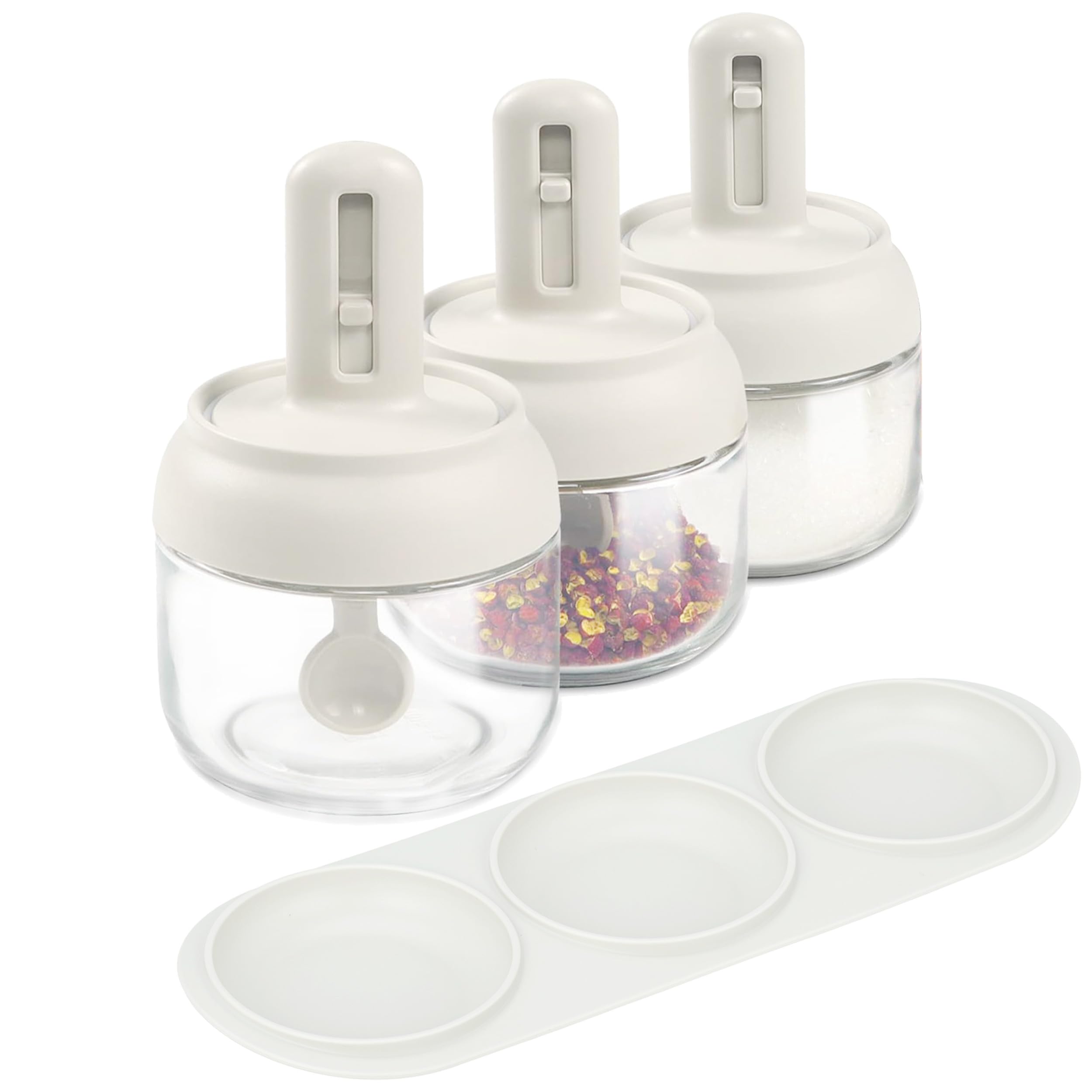 Photo 1 of Povinmos® 3 Piece Glass Salt Container | Storage | Pepper,Table Salt, Sugar,Gourmet Salts,Spice |Chili Herbs |10 oz |Glass Salt Container with Lid and Retractable Spoon