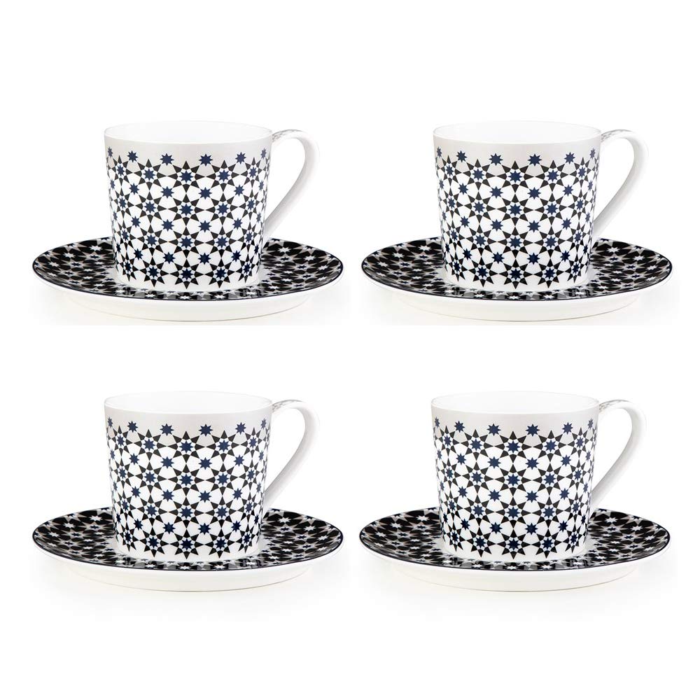 IMAGES D'ORIENT Kaokab Set of 4 Coffee Cups with Saucers Diameter 8 cm Height 7.5 cm 210 ml Porcelain Oriental Design with Gift Box Dark Blue