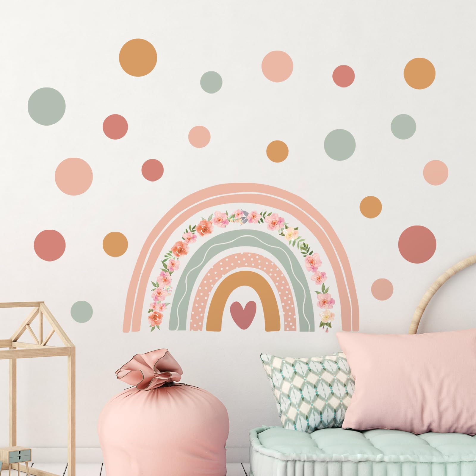 Tanlaby Large Rainbow Flower Wall Decal Boho Polka Dots Wall Stickers Vinyl for Girls' Room Kids Baby Nursery Bedroom Living Room Playroom Classroom Wall Decor
