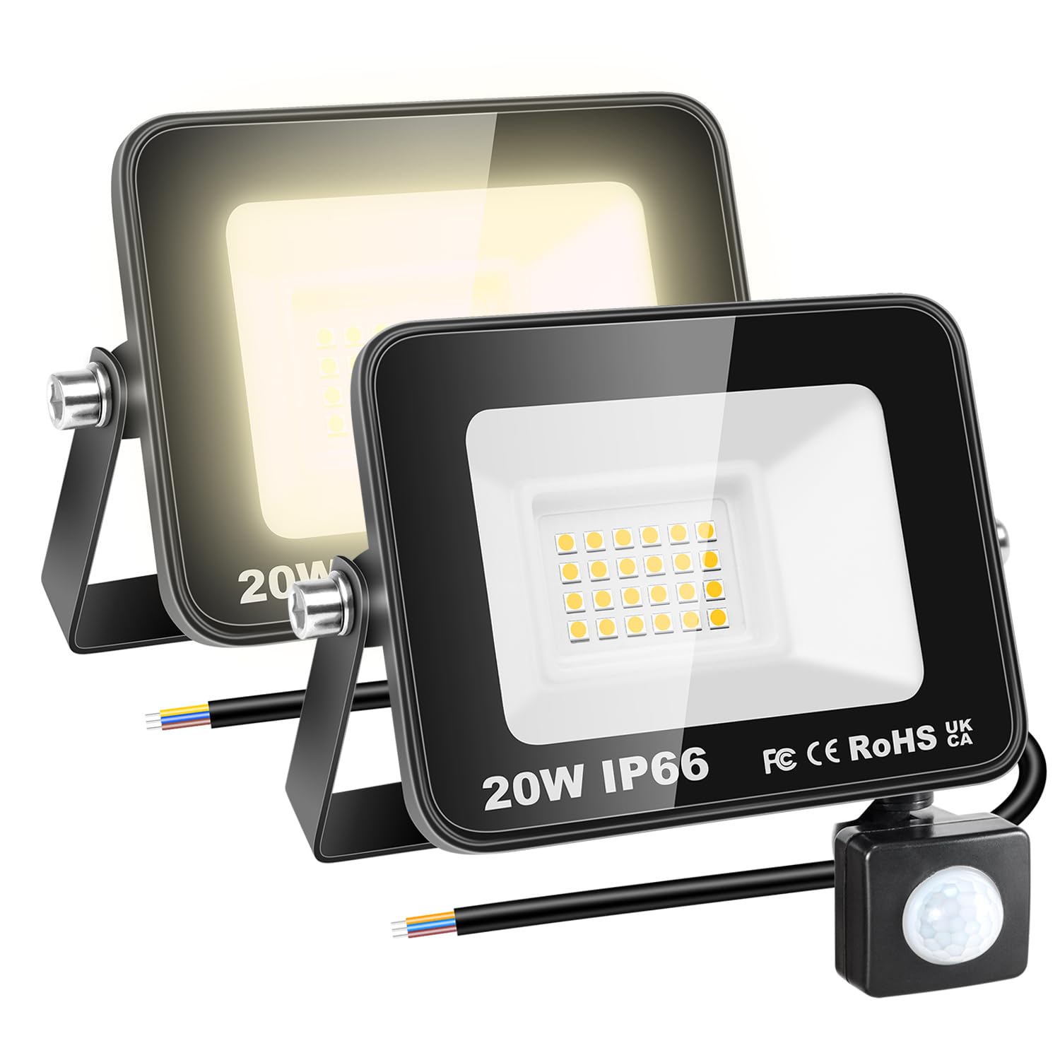 RIGIDON 2 Pcs PIR Motion Sensor Outdoor Floodlight, 20W 2000 Lumens Outside Led Work Light, Daylight Warm White Wall Light for Garden Garage Backyard Patio Lawn House Doorway, IP66 Waterproof 3000K