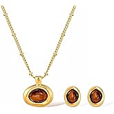 Gold Tigers Eye Stone Necklace Earrings Set for Women Chunky Gemstone Pendent Dangle Necklace Prom Brown Vintage Statement Earrings Tiger Eye Earring Party Outfits AccessoriesFashion Jewelry Gifts