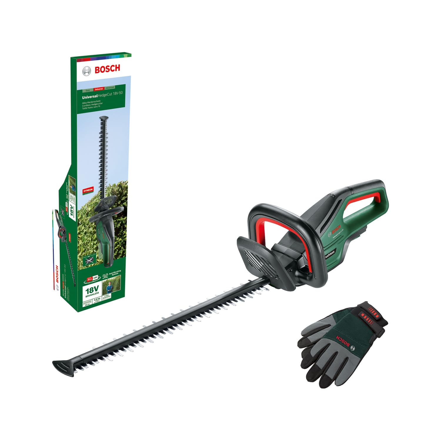 Bosch Akku-Heckenschere UniversalHedgeCut 18V-50 (ohne Akku, 18-Volt-System P4A, Bürstenloser Motor, Messerlänge 50 cm, mit XL-Gartenhandschuhen inklusive im Karton) – Amazon Edition