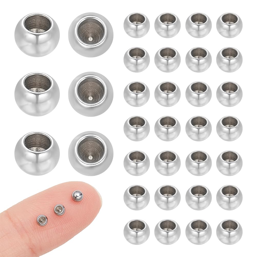 UNICRAFTALE About 100pcs 202 Stainless Steel Cord End Caps 2mm Hole Tiny End Caps Half Drilled Beads Round Cord End Small Metal Rondelle End Caps for DIY Bracelets Necklaces Jewelry Making