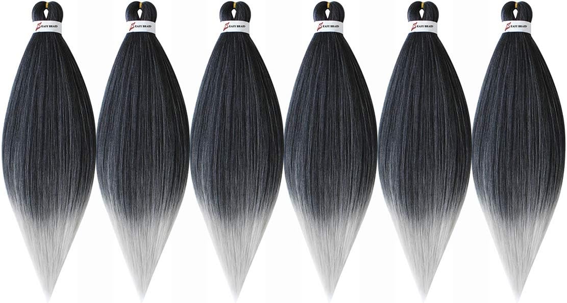 6Packs Pre-Stretched Braiding Hair 26Inch Long Itch Free Hot Water Setting Synthetic Hair Braids Fiber Crochet Braids Ombre Braiding Hair (1B/Silver)