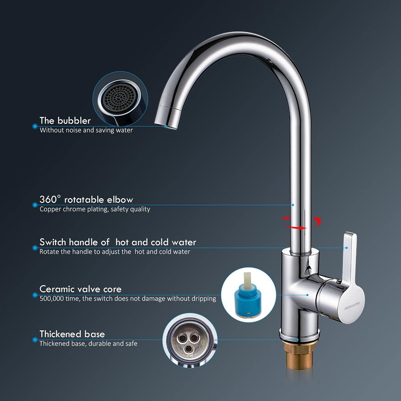 BONADE Kitchen Tap Low Pressure Tap Kitchen Brass Sink Tap 360° Swivel Mixer Tap Single Lever