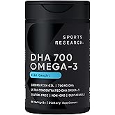 Sports Research® DHA Omega-3 Fish Oil 700 mg – Single Source Wild-Caught Fish – Supports Brain Health* – Burpless, Non-GMO, Gluten-Free, Sustainably Sourced – 90 Softgels