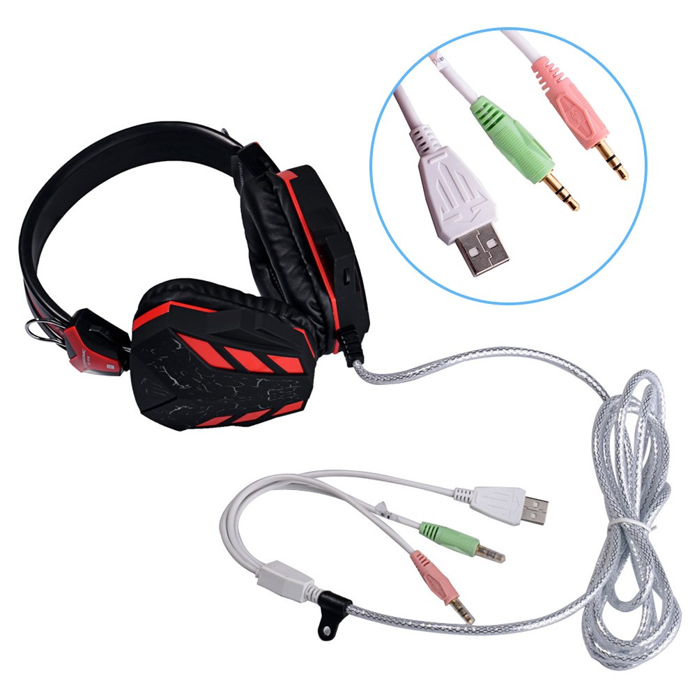 PC Gaming Headset, Topoint Comfortable 3.5mm Stereo Over-ear USB Gaming Headphone with Mic and LED Color Gradient light for Computer/Laptop-Red