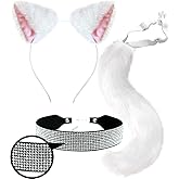 OLYPHAN Cat Costume Accessories White Ears and Tail Costumes Set Furry Long Tale Faux Fur Cat Ears Headband Rhinestone Choker Necklace - Animal Halloween for Women/Cosplay