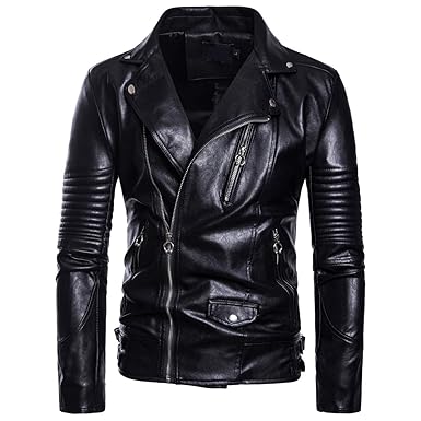 AOWOFS Herren Lederjacke Gothic Slim Fit Kunstlederjacke Biker mit Klappkragen Modern Schwarz