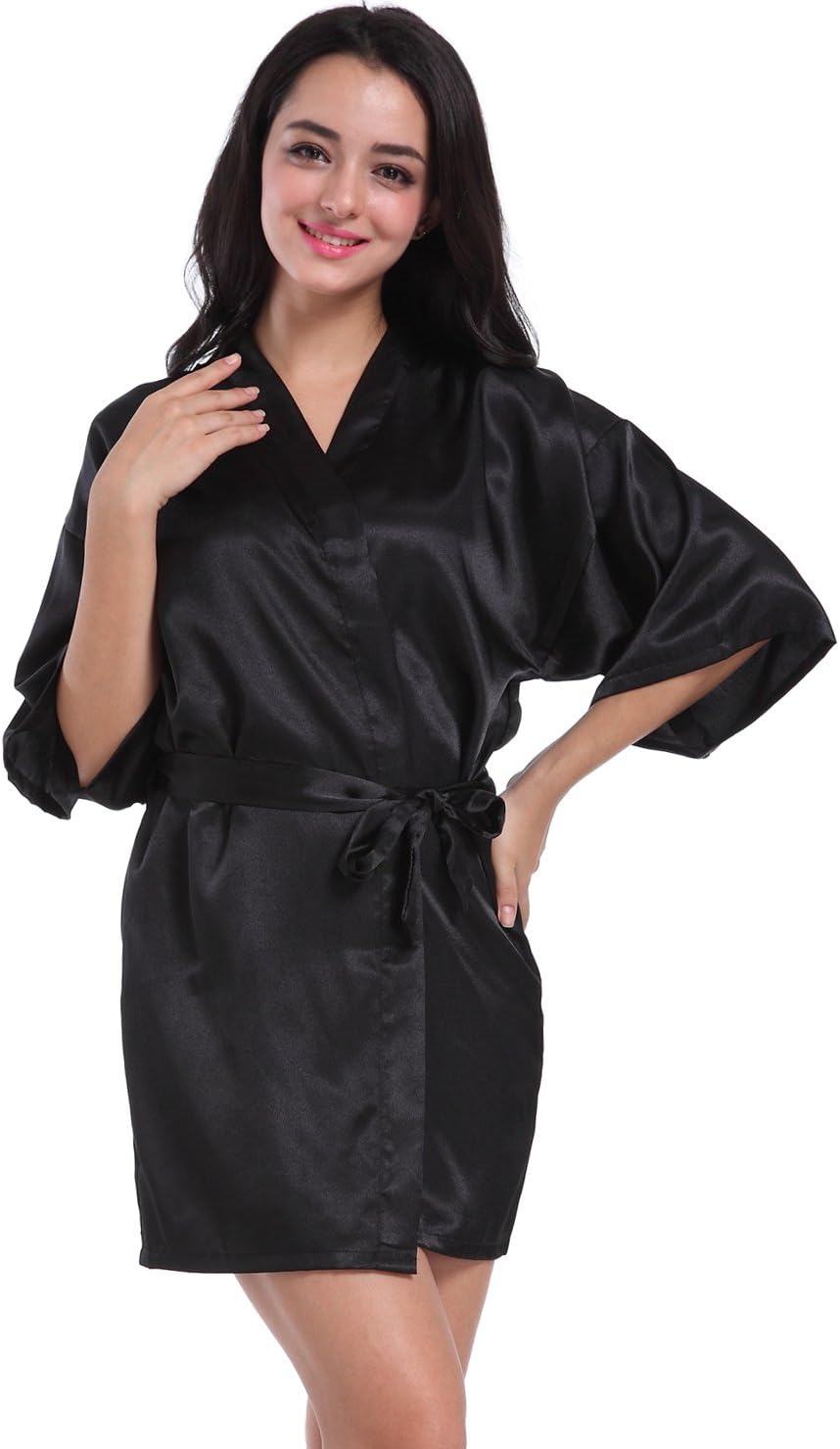 Admireme Women's Kimono Robes Satin Nightdress Pure Colour Short Style with Oblique V-Neck