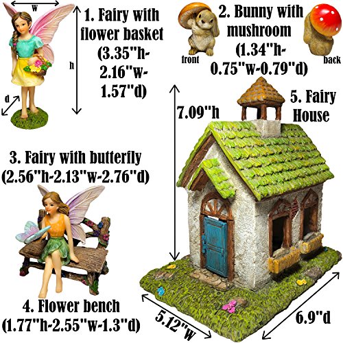 Mood Lab Fairy Garden Fairy House - Miniature Fairy Garden Figurines with Accessories - Set of 5 pcs - Hand Painted Kit for Outdoor or House Decor