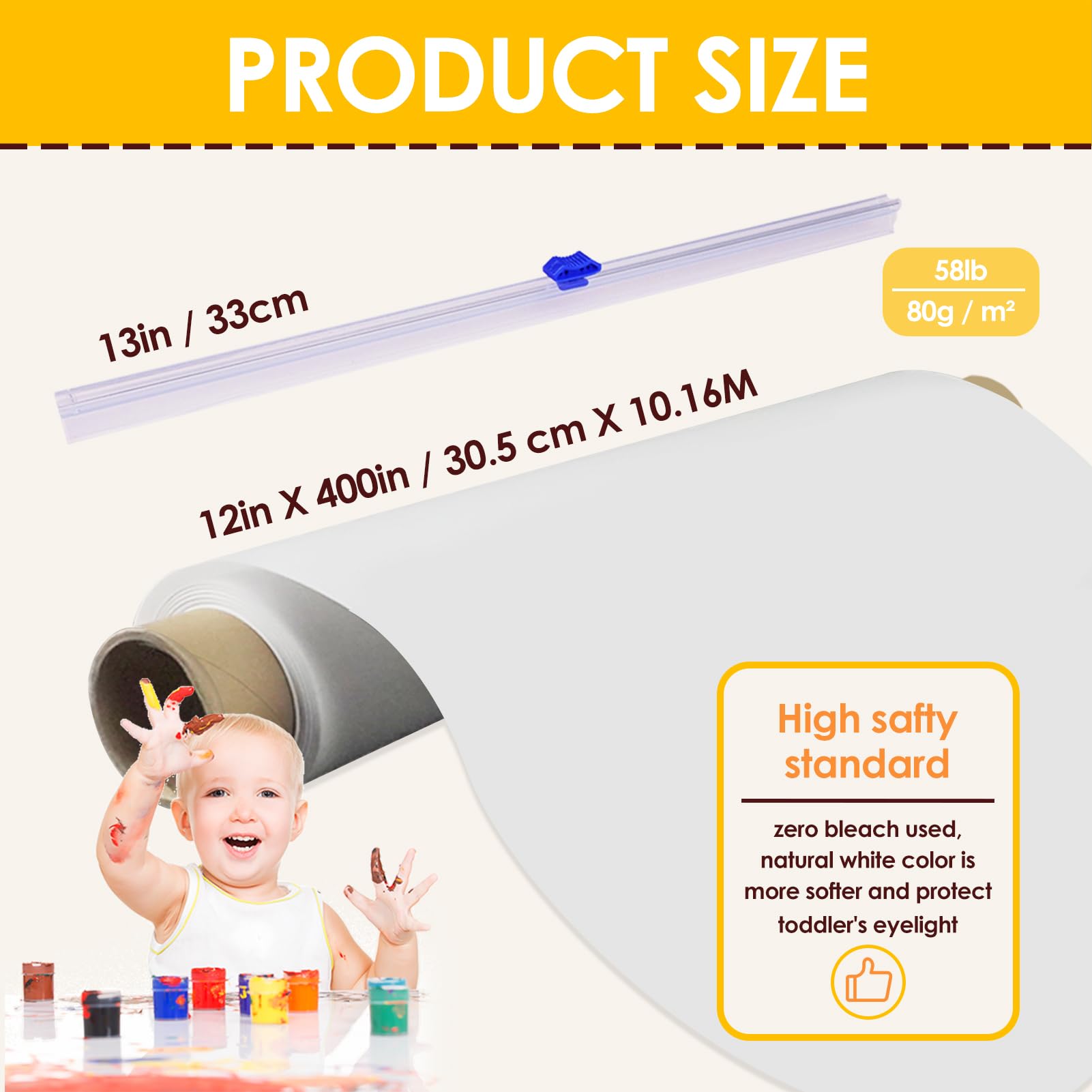 Funto Finger Paint Paper Roll, 12''x400'', Size-Free, White, Large Paint Paper for Toddlers, Art Paper for Kids, Paper for Painting, Easy to Cut