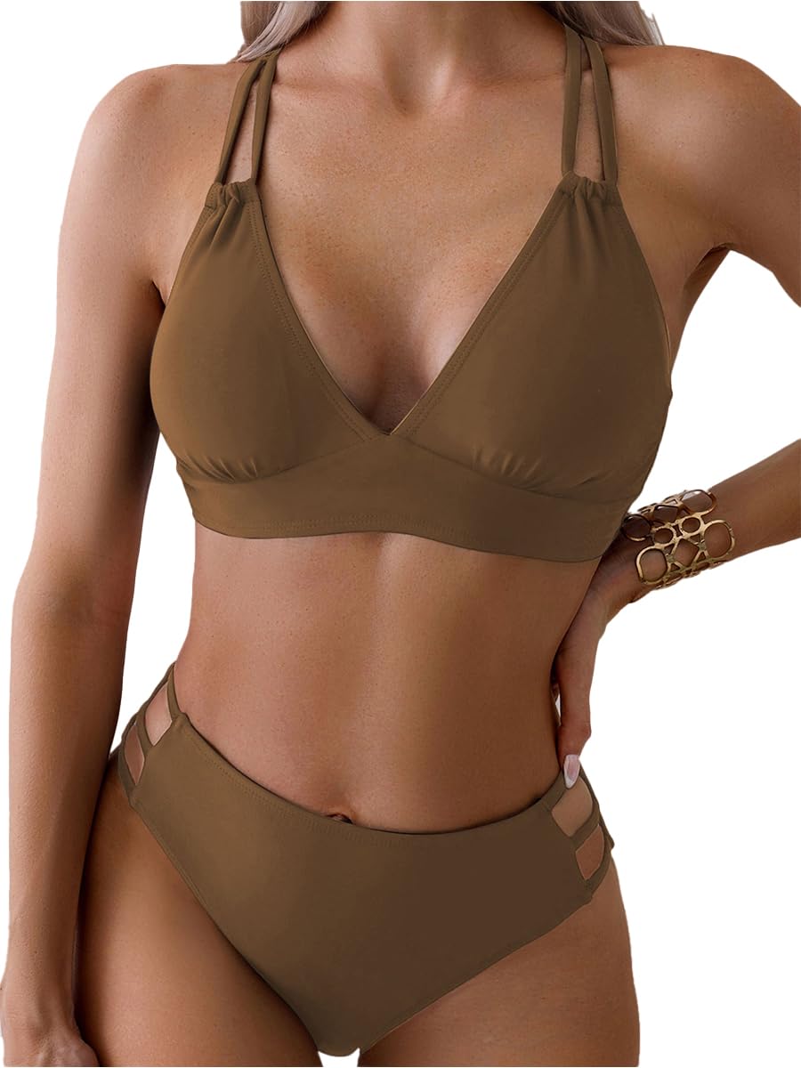 Photo 1 of Memashore Bikini Set Women 2 Piece Swimsuits Cheeky High Waisted Cut Leg Criss Cross Back Double Straps Sexy Bathing Suits Deep V Teen Girls Brown M