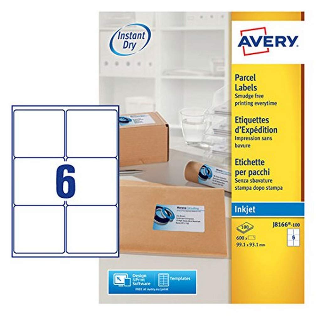 Avery Printable, customisable Parcel Shipping Labels, Inkjet Printers, 6 Labels Per A4 Sheet, 600 labels, QuickDRY (J8166), White