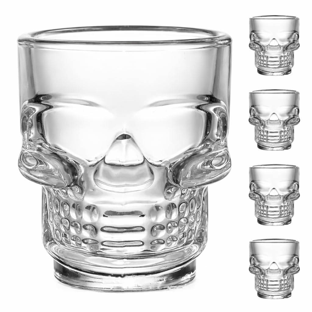 FLX Skull Shot Glasses Set of 4. Crystal Clear Skull Shot Glass. 50ml Tequila Vodka Shot Glasses. Dishwasher Safe