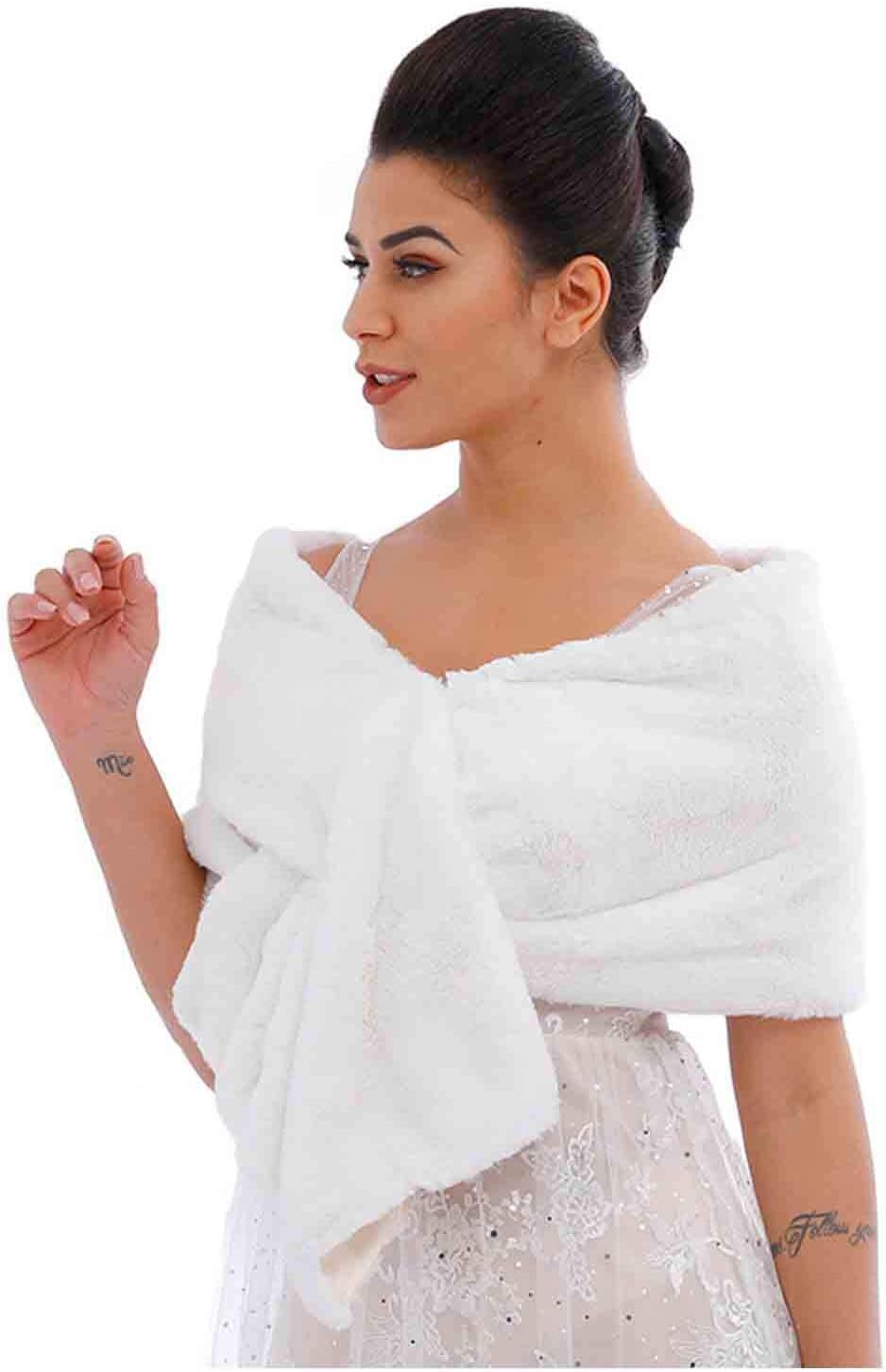 Yfe Women's Faux Fur Wraps Long Wedding Fur Shawl 1920s Sleeveless Bridal Fur Stole Scarf for Bride and Bridesmaid (White with shorter fur)