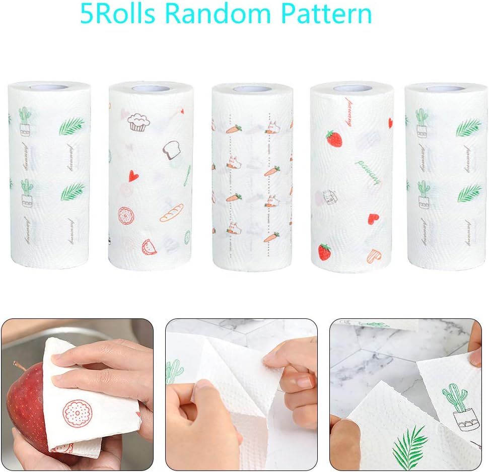 5 Rolls Home Kitchen Clean Paper Towels, Morenitor 2-Ply Multifunctional Oil Absorbent Roll Rag Washing Paper with Printing Pattern, Highly Absorbent Hand Towels for Daily Use, Random Pattern
