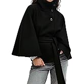 Hooever Women Batwing Sleeve Ponchos Pea Coat Wool Bland Stand Collar Jacket Winter Cropped Overcoat